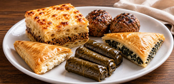 A white plate filled with several baked and stuffed foods on a wooden table: a layered pasta casserole, two meatballs, two stuffed triangles, and several stuffed grape leaves.