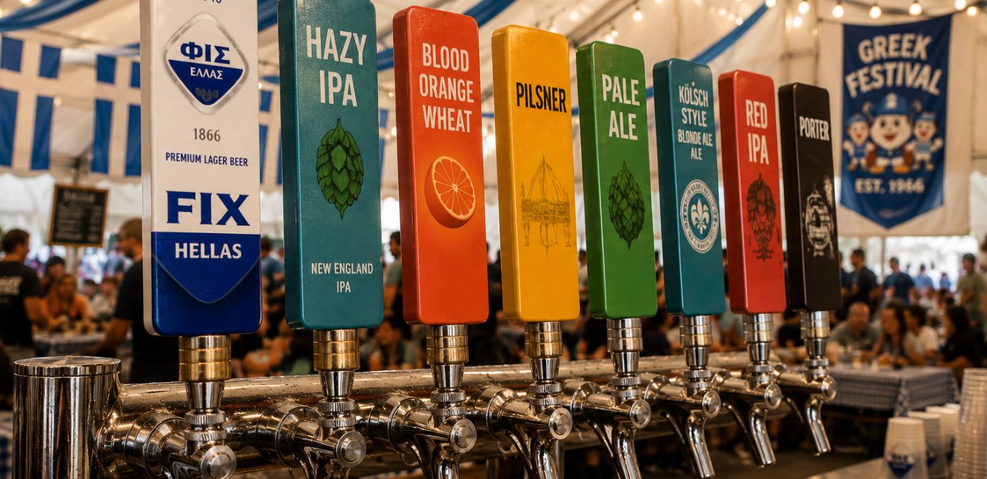 A row of beer tap handles with colorful labels at an outdoor festival. Visible labels include Fix Hellas, Hazy IPA, Blood Orange Wheat, Pilsner, Pale Ale, Müsski Style, Red IPA, and Porter.