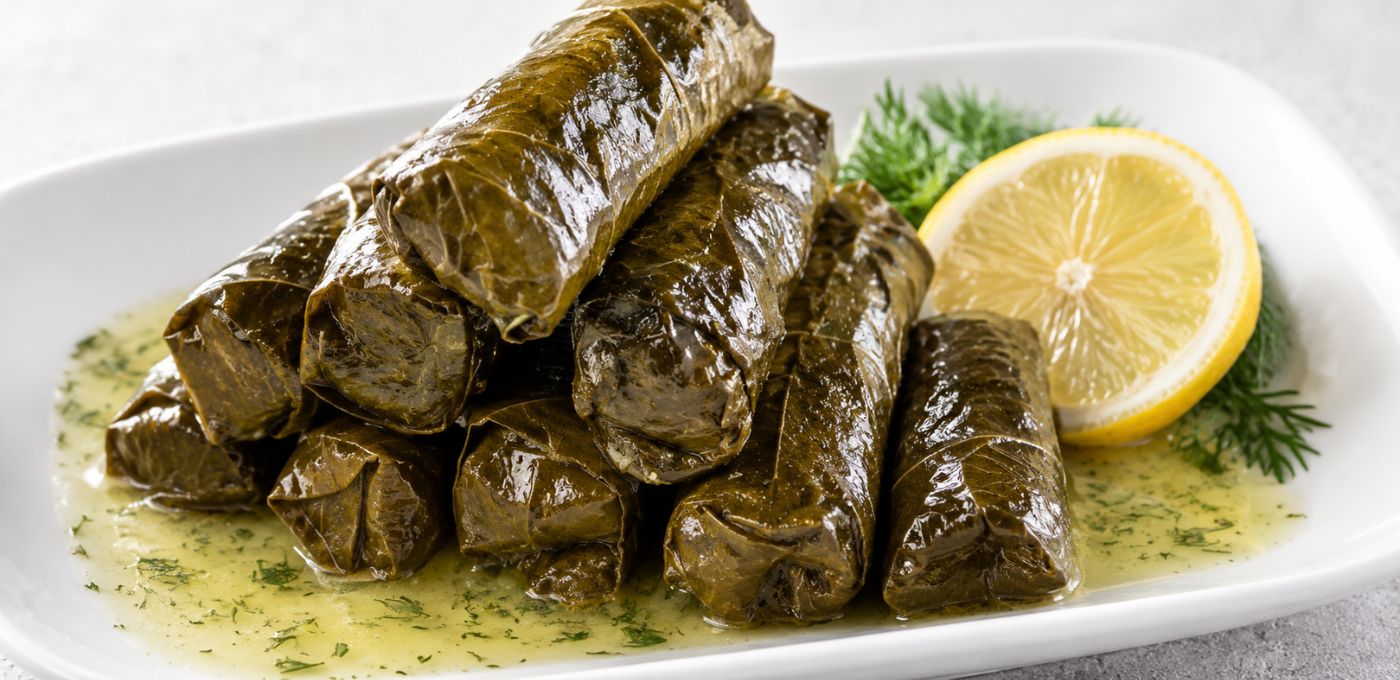 A pile of stuffed grape leaves (dolmas) served on a white plate with a lemon slice and dill garnish, set against a light gray background.