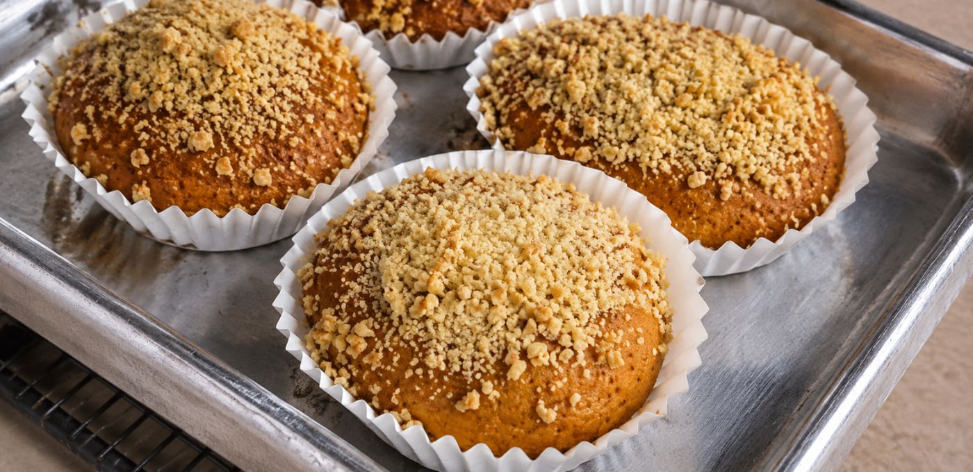Three golden-brown muffins topped with crumbled nuts in white paper cups, arranged on a metal baking tray.