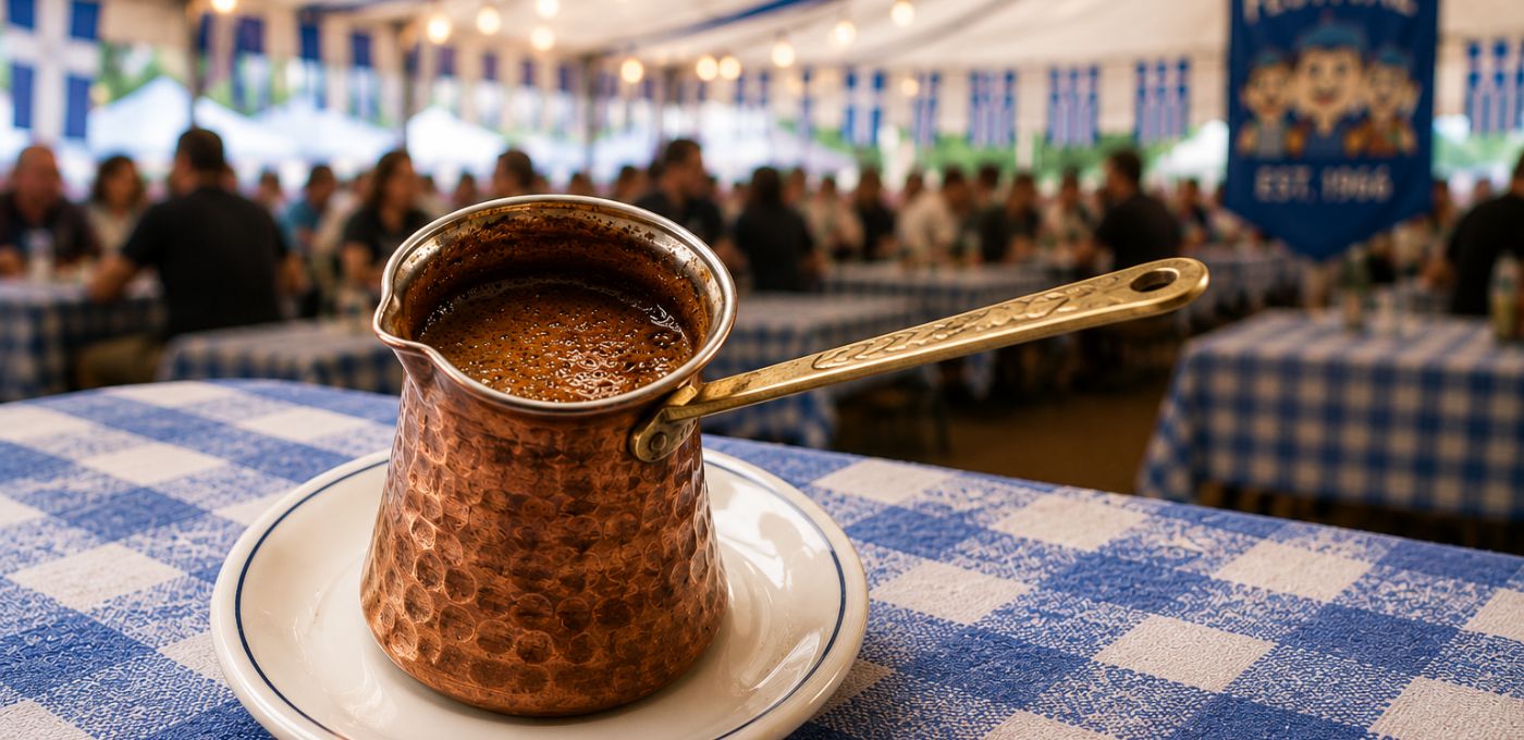 A hammered copper cezve coffee pot with a long brass handle sits on a white saucer on a blue and white checkered tablecloth, with a blurred outdoor market or restaurant background.