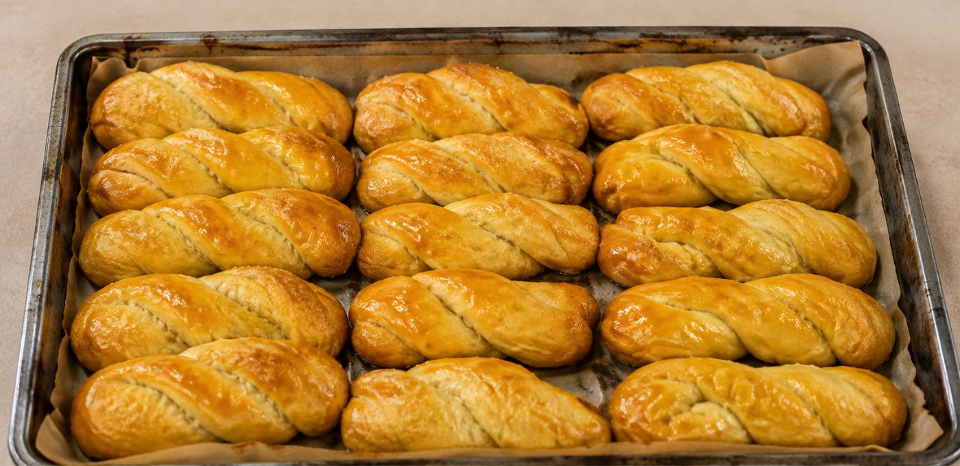 Twisted braided bread rolls with a glossy golden-brown glaze, arranged in rows on a parchment-lined metal baking tray.