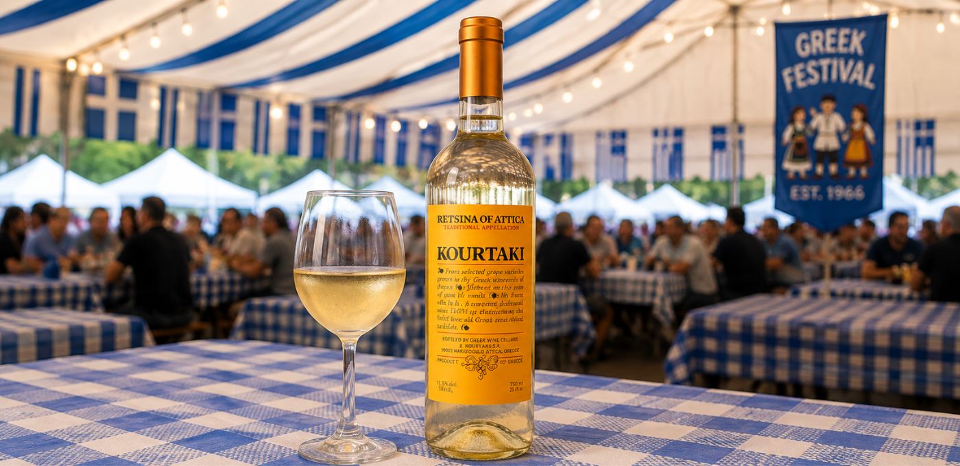 A bottle of Kourtaki white wine and a filled wine glass on a blue-and-white checkered tablecloth inside a large event tent, with a crowd and a 'Greek Festival' banner in the background.