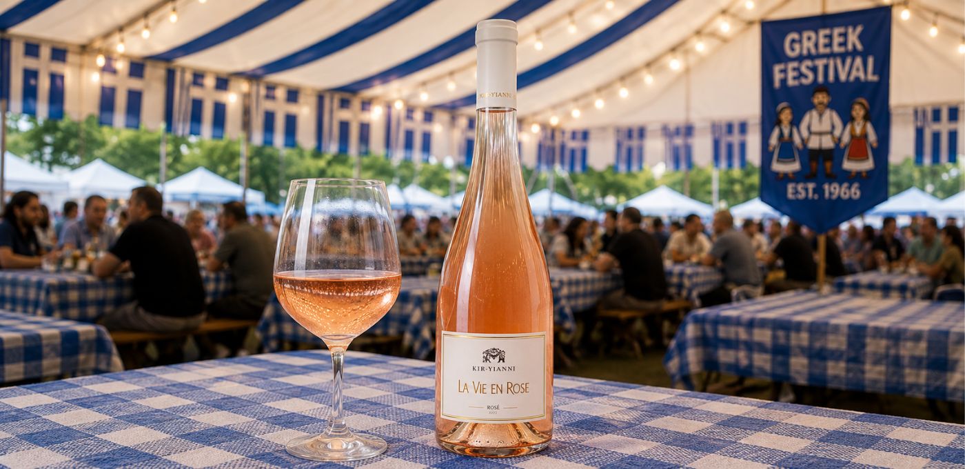 A bottle of La Vie En Rose rosé wine and a filled wine glass on a blue-and-white checkered tablecloth at an outdoor Greek festival under a white tent with blue striped awnings.