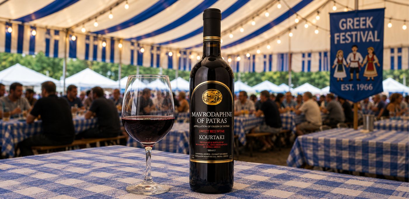 A bottle of Mavrodaphni of Patras Kourtaki red wine stands on a blue-and-white checkered table next to a filled wine glass, set under a large event tent at an outdoor Greek festival with tables and people blurred in the background.