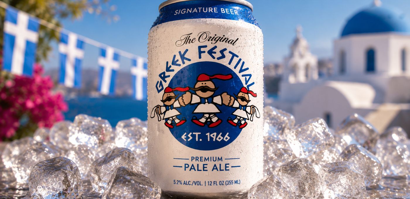 A can of Greek Festival Signature Beer in the center, surrounded by ice cubes, with a blurred background of a blue-domed white building and blue sky.