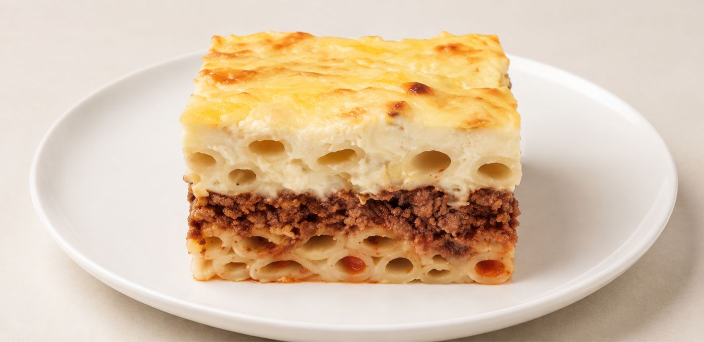 A square slice of baked pasta casserole with a golden cheese-topped top, creamy white middle layer, and brown meat filling, served on a white plate against a light neutral background.
