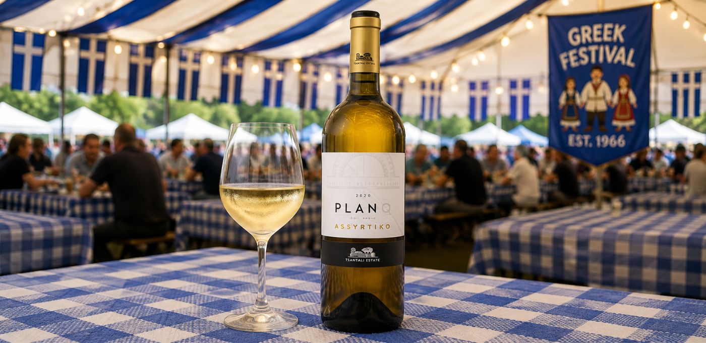 A bottle of Planos Alvyrtiko white wine and a filled wine glass on a blue-and-white checkered table at an outdoor Greek festival under a striped tent.