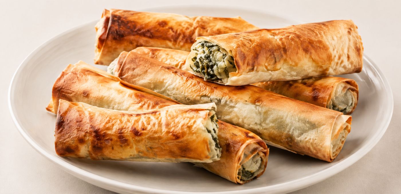 Several golden-brown baked pastry rolls, likely phyllo dough with spinach or herb filling, arranged on a white oval plate against a light neutral background.