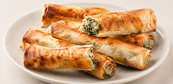 Several golden-brown baked pastry rolls, likely phyllo dough with spinach or herb filling, arranged on a white oval plate against a light neutral background.