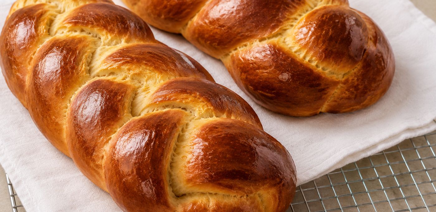 Two glossy braided loaves of golden-brown bread resting on a white cloth over a metal cooling rack.