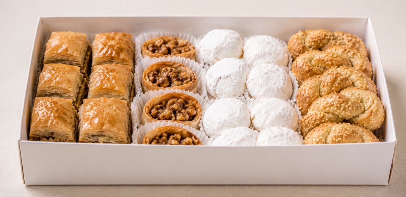 A white cardboard box filled with assorted pastries and cookies, including golden-brown baklava, powdered sugar-coated pastries, and sesame-topped biscuits, photographed from above on a light neutral background.
