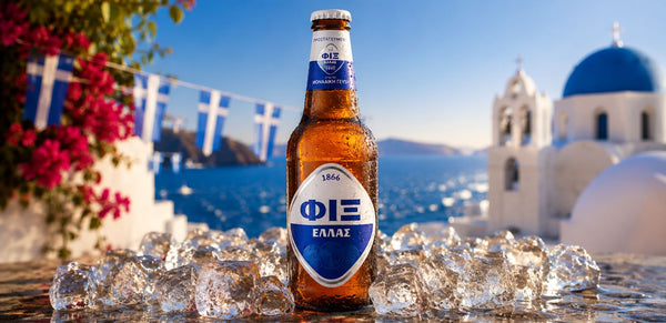 A bottle of FIE Ellas beer stands on ice cubes outdoors, with a blurred Santorini background featuring blue domes, white buildings, and Greek flags.