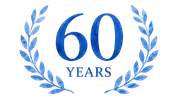A blue and white graphic featuring the text '60 YEARS' enclosed in a laurel wreath.