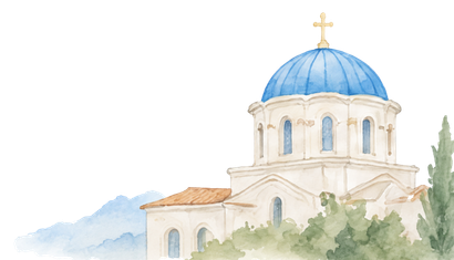 Watercolor-style illustration of a church with a blue dome and gold cross, set against a white background with soft green foliage and distant blue hills.