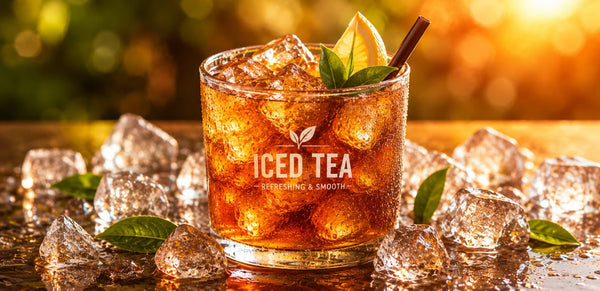 A clear glass tumbler filled with iced tea and large ice cubes, garnished with a lemon slice, mint leaves, and a dark straw, set on a wooden surface surrounded by scattered ice cubes and green leaves. The glass has the text 'ICED TEA REFRESHING & SMOOTH' printed on the front.