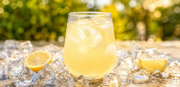 A clear stemless glass filled with a pale yellow iced beverage and large ice cubes, set on a surface covered with ice, lemon slices, and a blurred outdoor background.