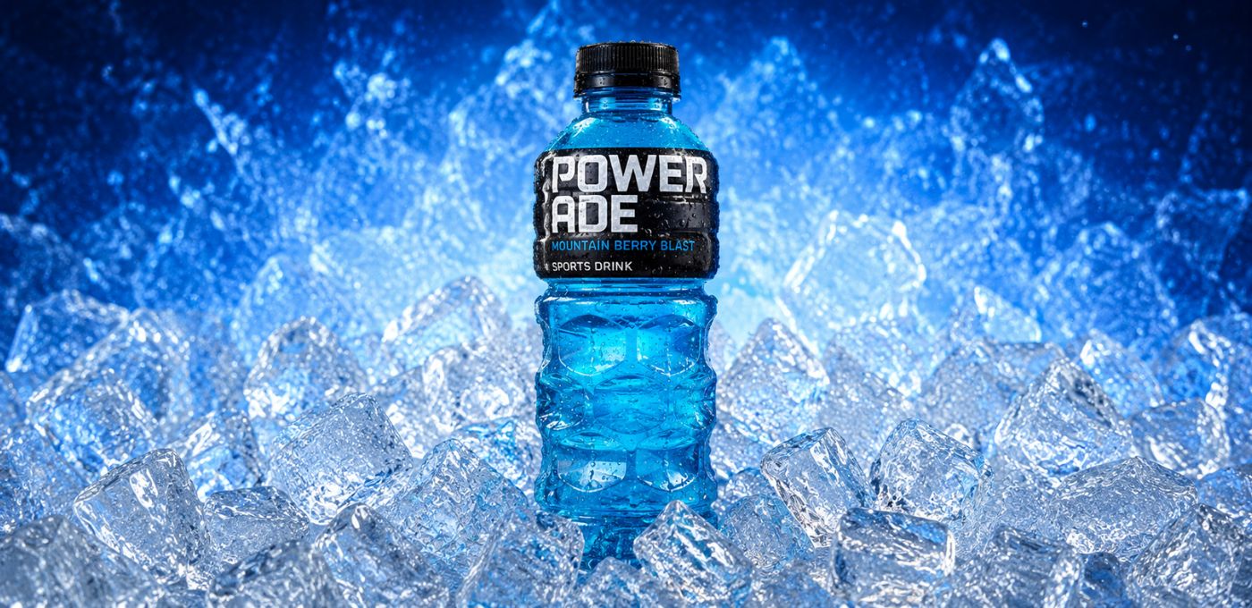 A bottle of Powerade Berry Blast sport drink standing upright in a bed of ice cubes against a blue icy background.