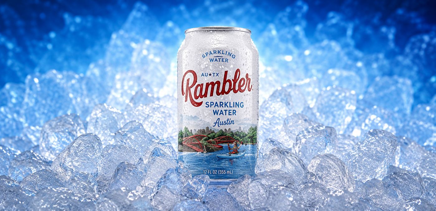 A can of Rambler Sparkling Water in Austin, Texas, standing upright in a bed of ice cubes against a blue, icy background.