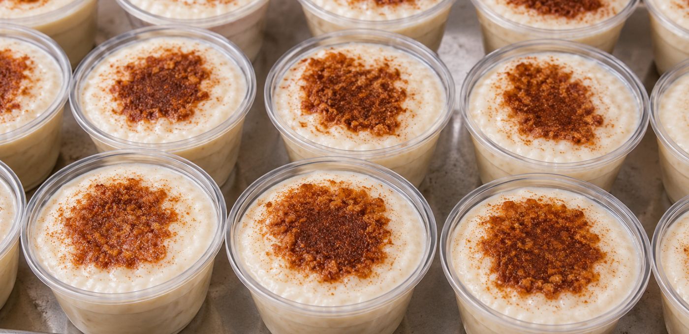 Multiple small clear plastic cups filled with a creamy off-white dessert or pudding, each topped with a sprinkle of brown spice or cinnamon, arranged closely together.