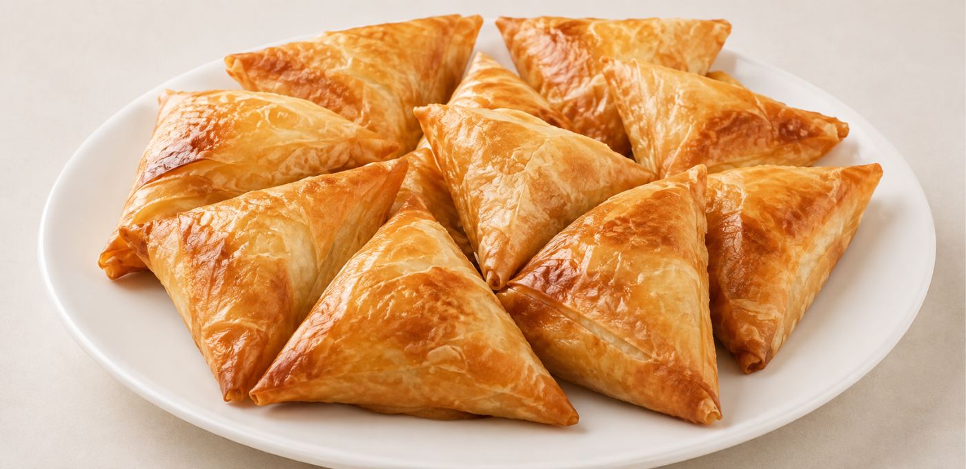 Several golden-brown baked pastries arranged on a white oval plate against a light beige background.