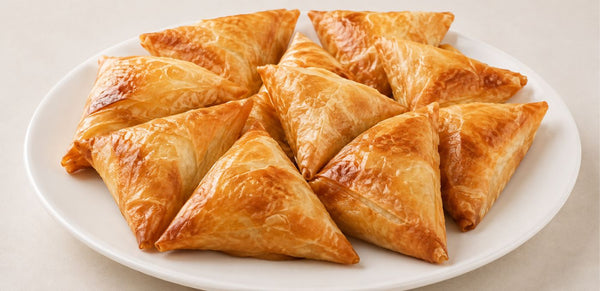 Several golden-brown baked pastries arranged on a white oval plate against a light beige background.