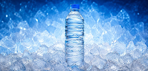 A clear plastic water bottle with a blue cap standing upright in a bed of ice against a blue background.